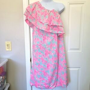 Vineyard Vines One Shoulder Ruffled Pink Blue Dress Preppy Floral Size Small
